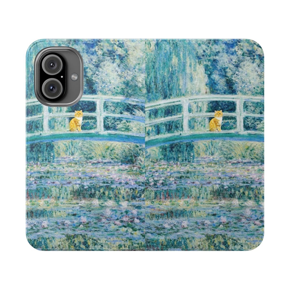 Flip cover phone case featuring Claude Monet's painting of water lilies, a Japanese bridge, and a funny orange cat.