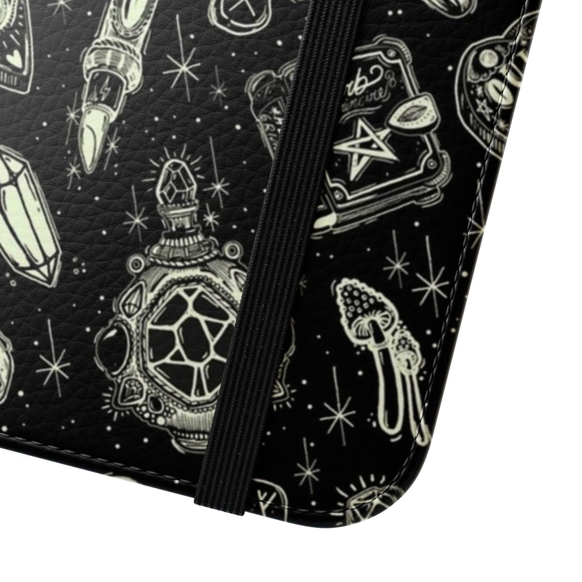 Flip cover phone case with a mystical, magical, and spooky pattern design - Close Up