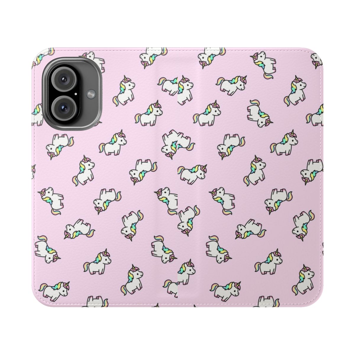 Pastel-colored unicorn-themed flip cover phone case with a cute, aesthetic design