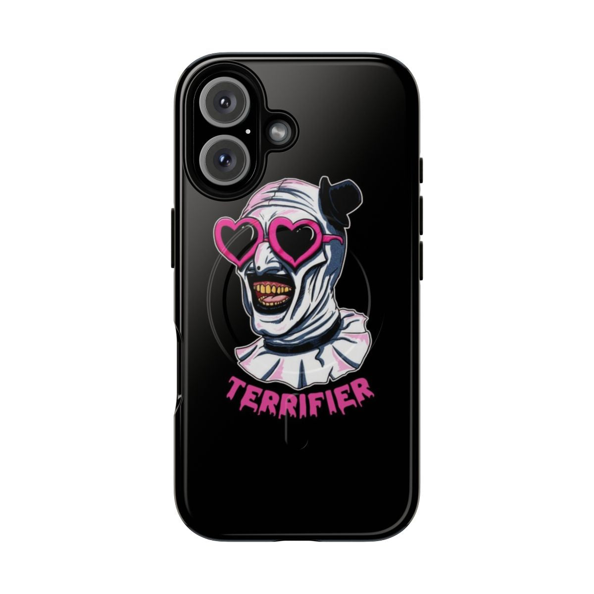 Terrifier Art the Clown phone case with heart-shaped sunglasses design