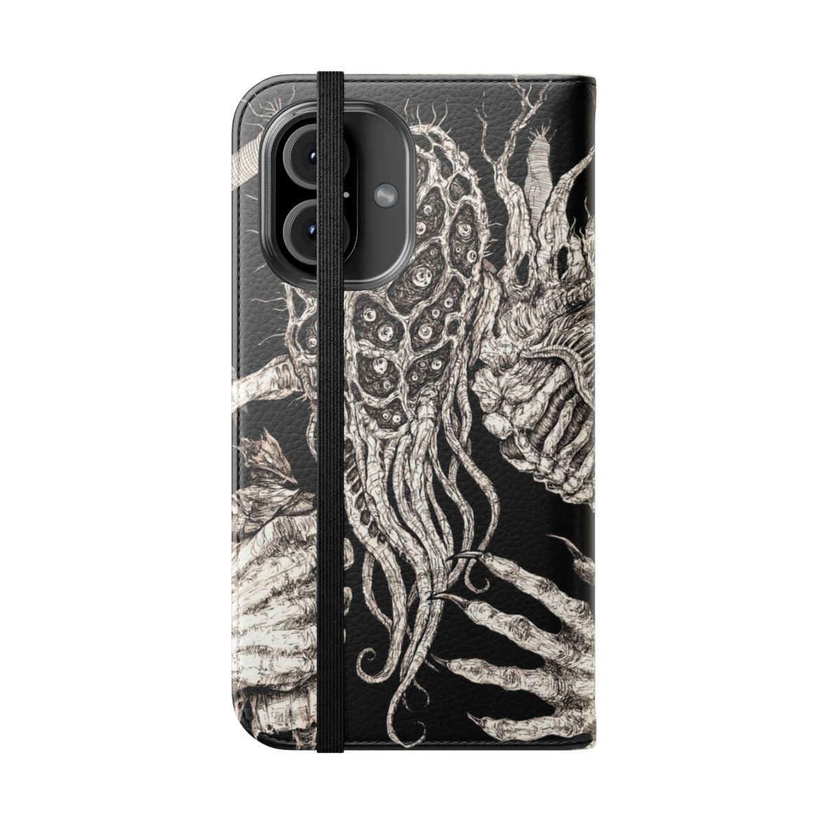 Terrifying horror-themed flip phone case with amygdala and other dark, creepy imagery - Folded Front