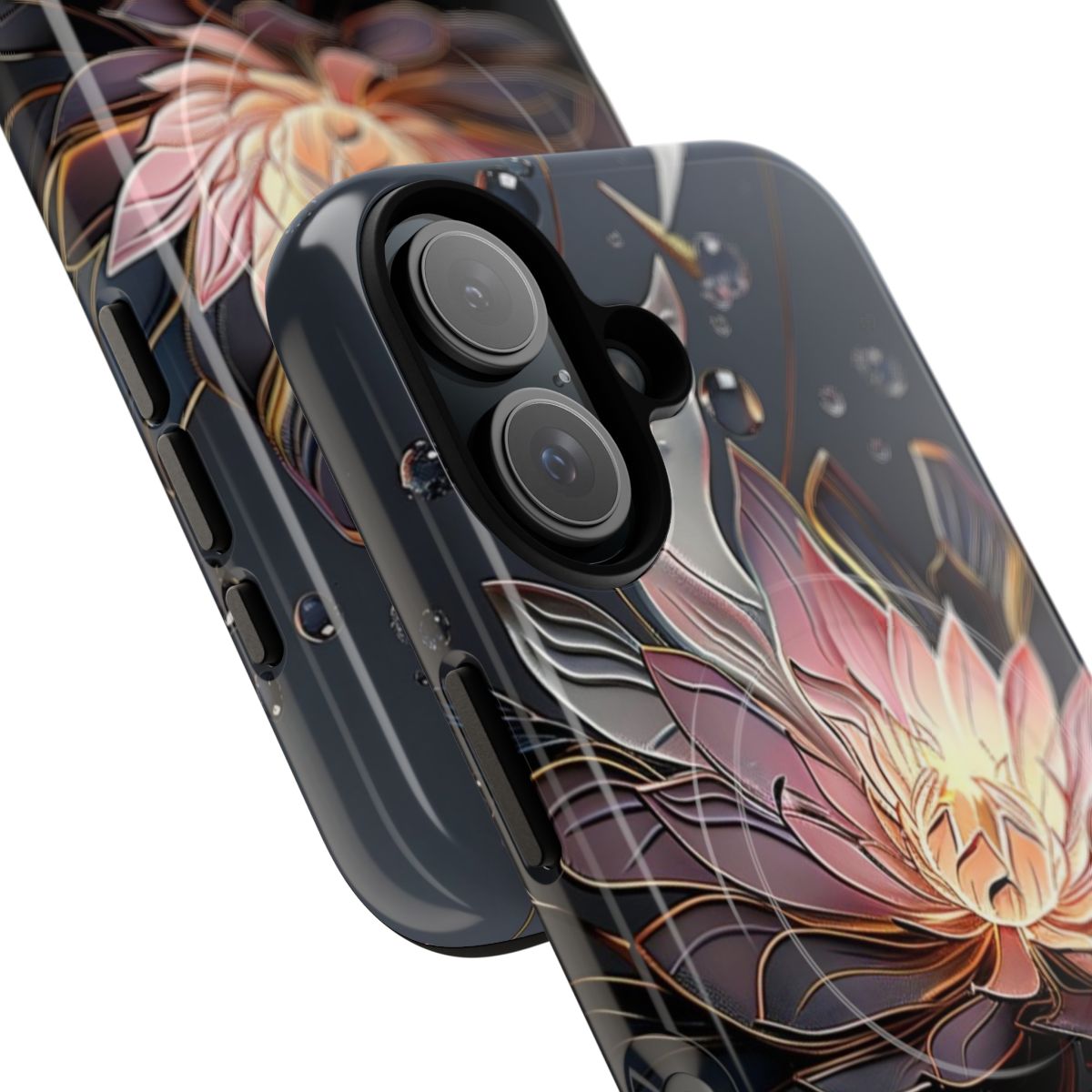 Stunning reflective water lotus flower print on a protective magnetic phone case - Detail