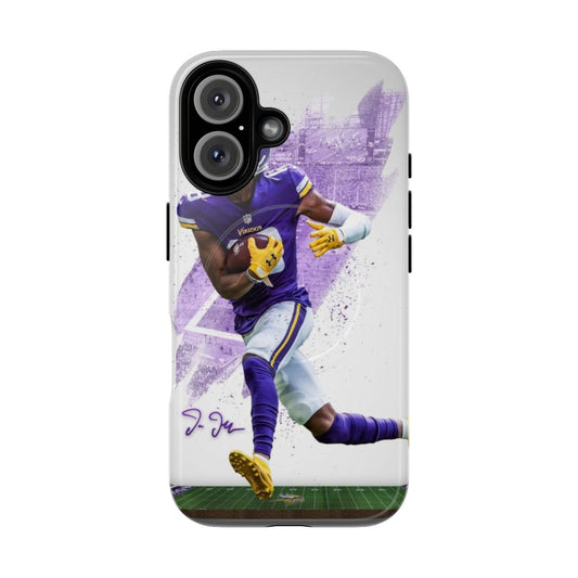 Personalized Minnesota Vikings-themed phone case with artistic sports design featuring player Justin Jefferson