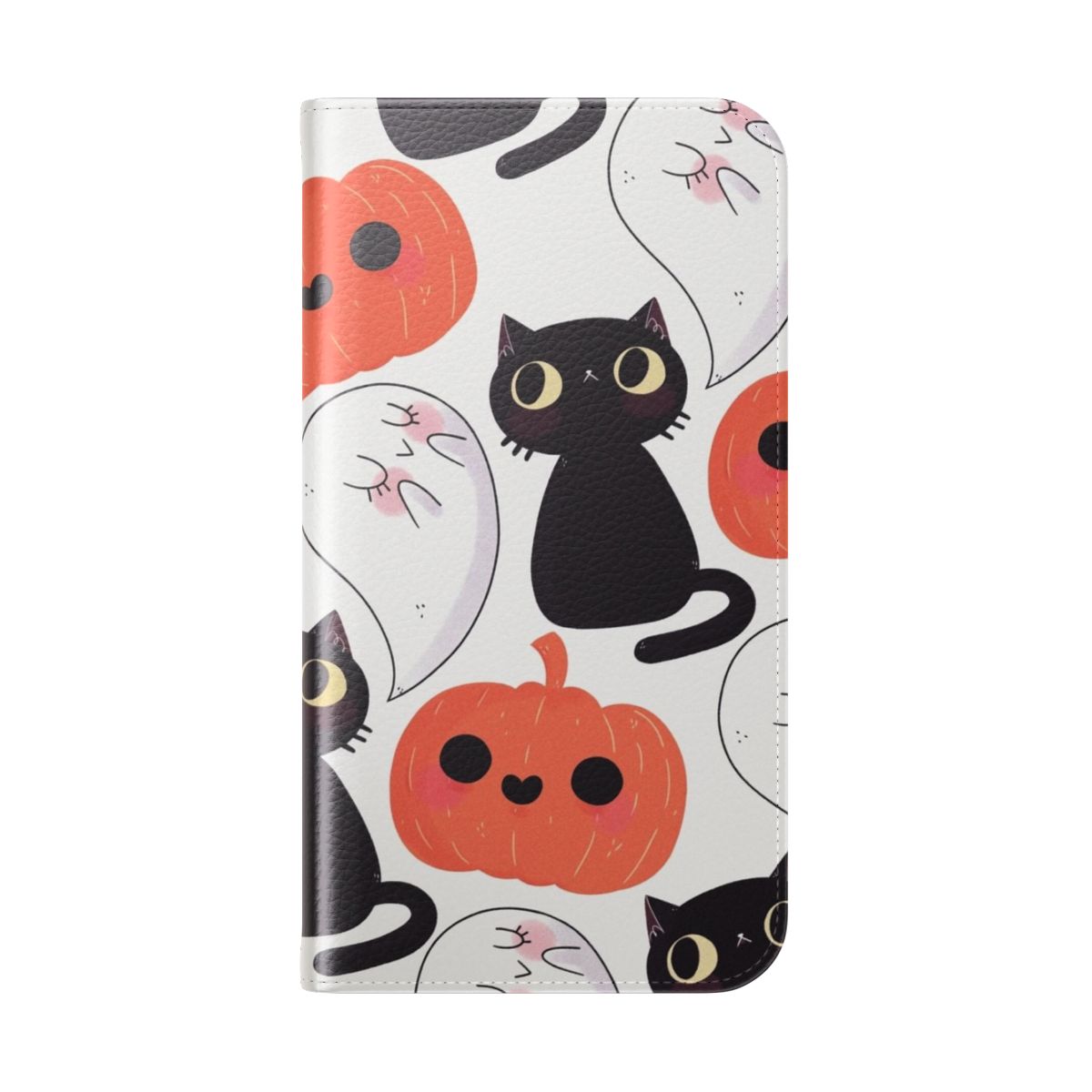 Spooky Halloween-themed flip cover phone case with cute cat, pumpkin, and ghost pattern - Folded Back