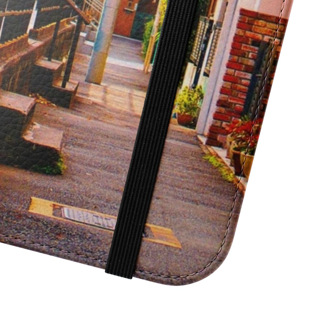 Flip phone case featuring a beautiful Japanese landscape with the sun shining over a city scene. - Close Up