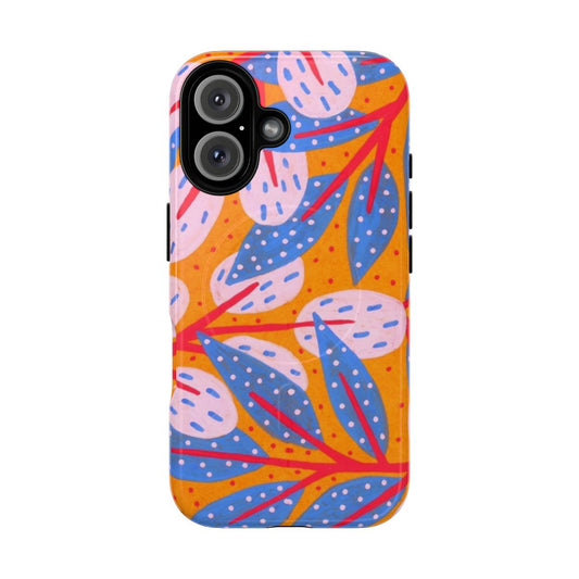 Magnetic phone case with a vibrant gold sky and forest nature pattern