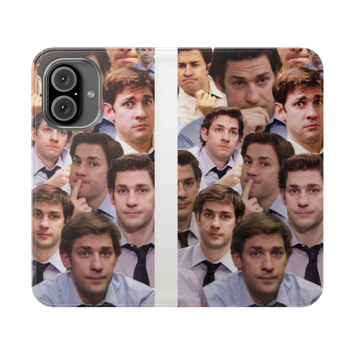 A phone case featuring a collage design of Jim Halpert from the TV show The Office.