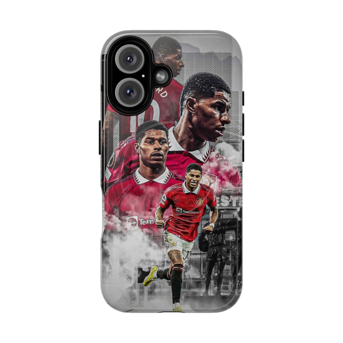 Vibrant red graphic art phone case featuring Marcus Rashford's iconic illustration