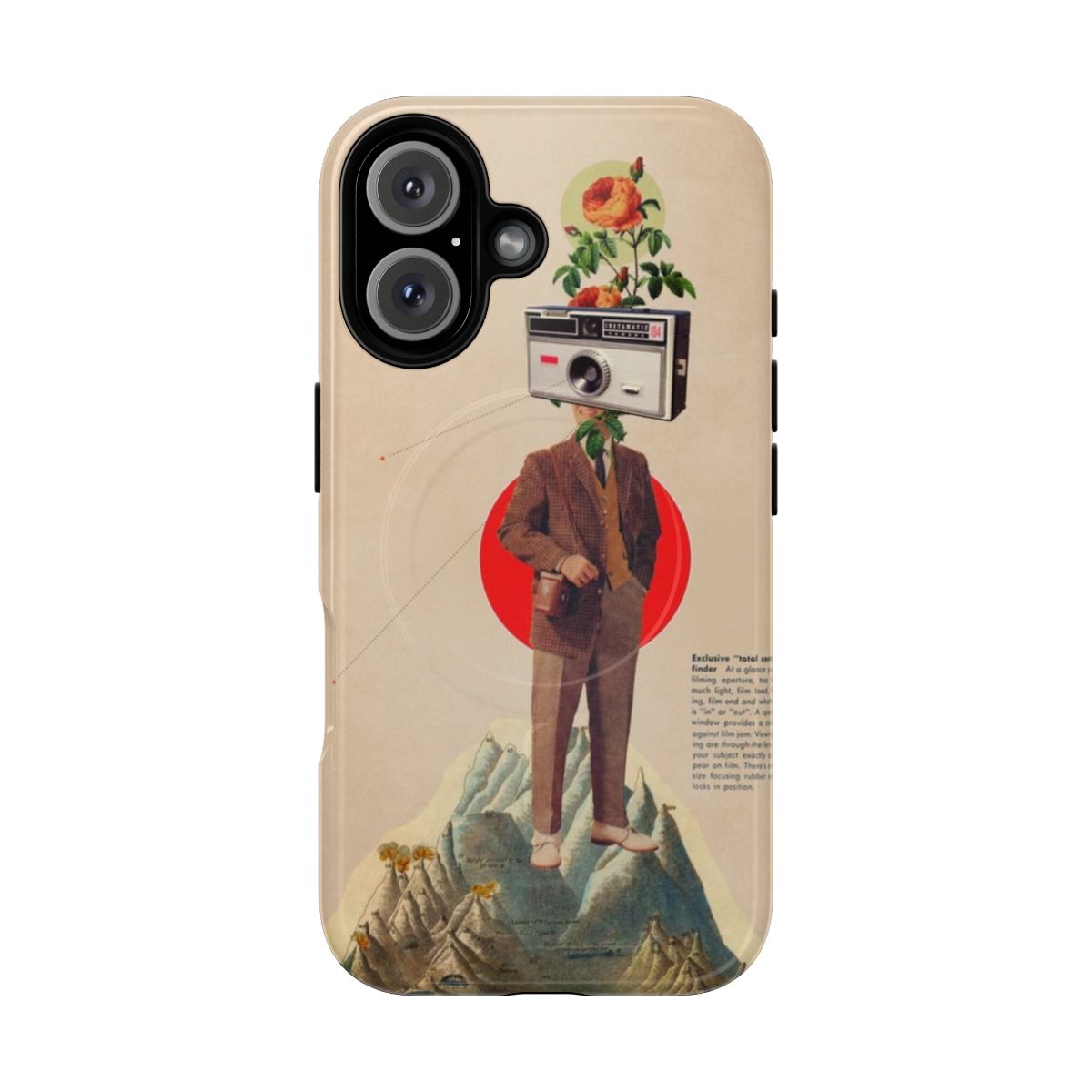 A collage of vintage graphics, including a camera, typography, and floral elements, on a sleek, protective phone case.