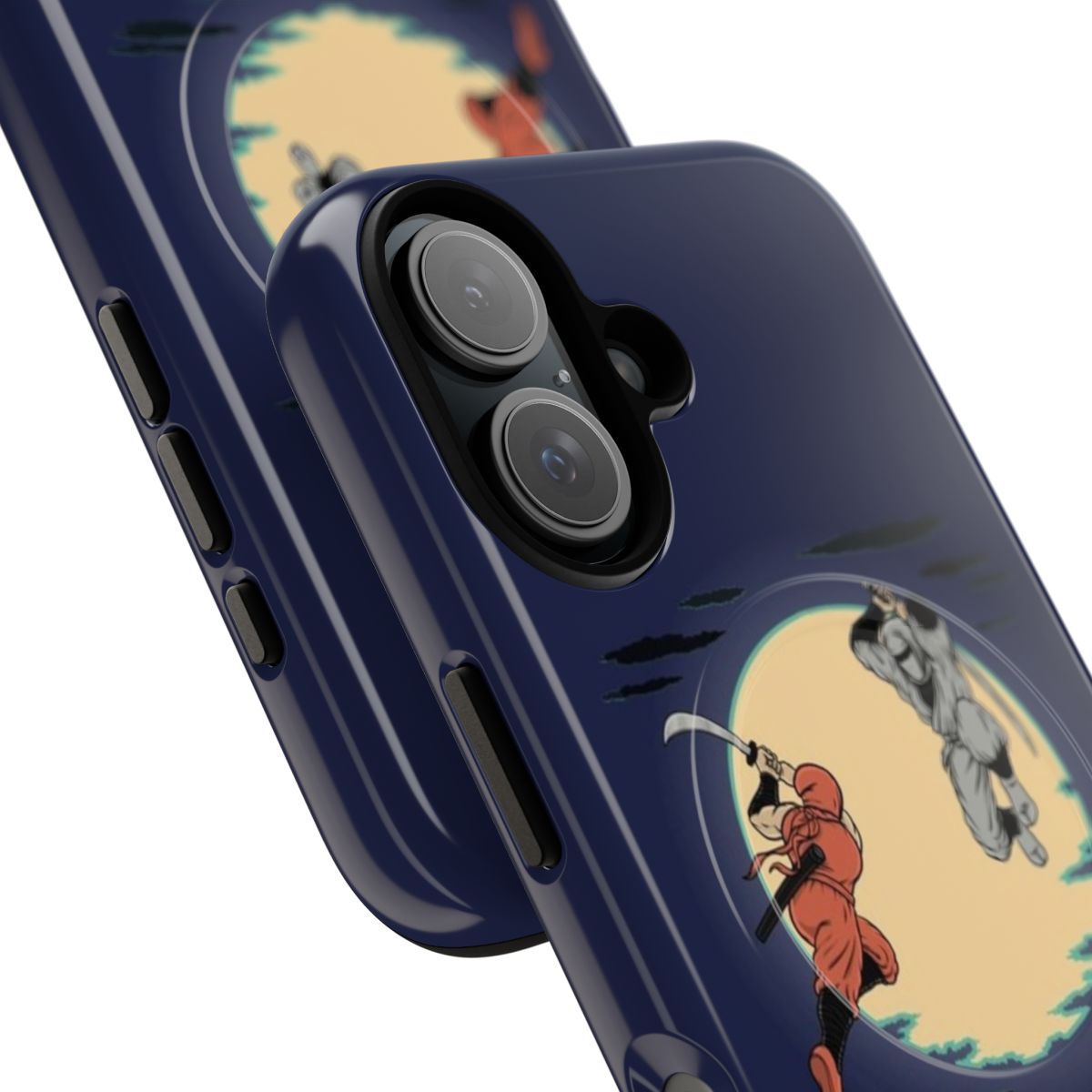 Magnetic tough phone case with a navy blue design featuring ninjas, the moon, and clouds - perfect for retro gaming fans. - Detail