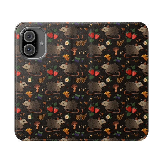 Flip phone case with a whimsical pattern featuring possums, mushrooms, and other forest creatures.