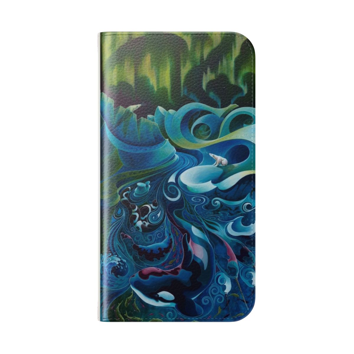 Colorful flip phone case featuring an artistic orca whale design on an arctic landscape background. - Folded Back