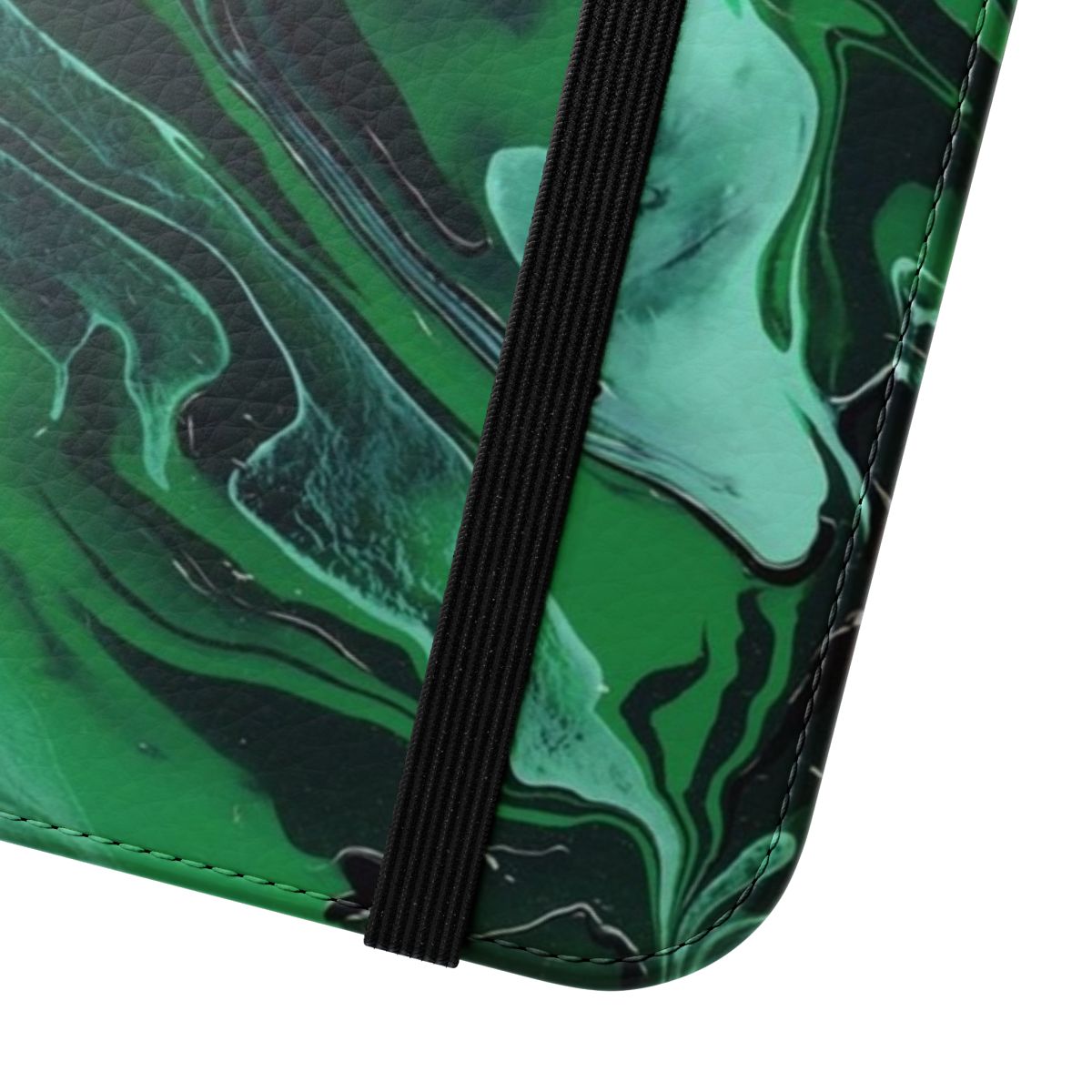 Nebula Flip Cover Phone Case with a swirl marble effect design in dark green and black colors - Close Up