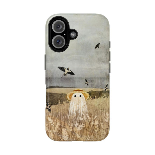 Magnetic tough phone case featuring a nature landscape with swallows, wheat field, and coastal horizon.