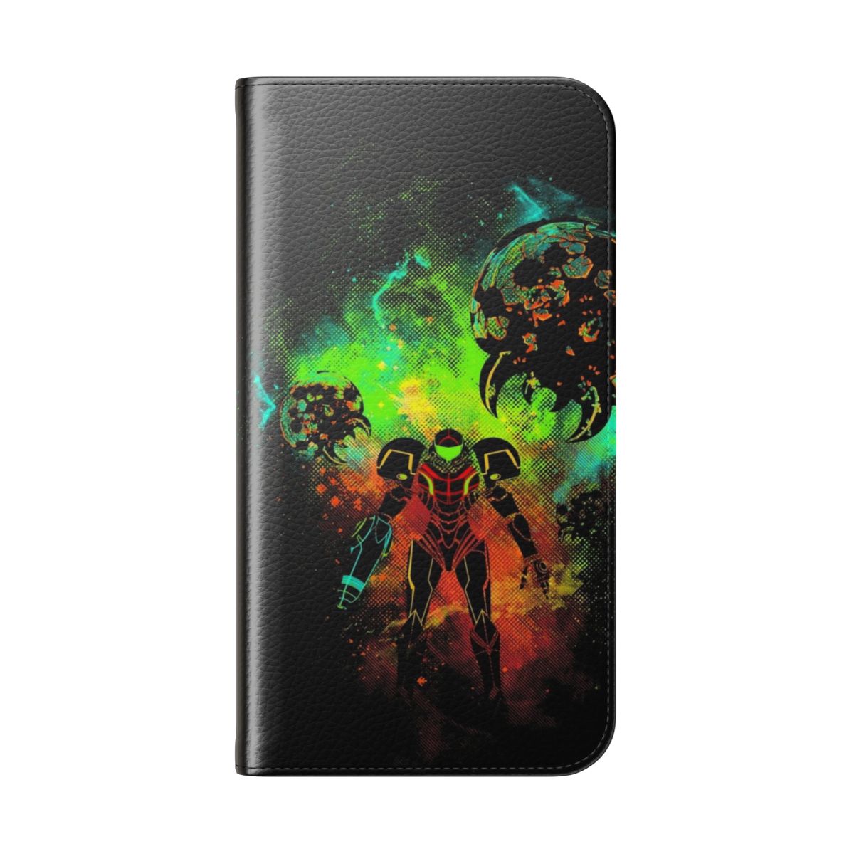 Cosmic Bounty Hunter-themed flip cover phone case with space and retro gaming design - Folded Back