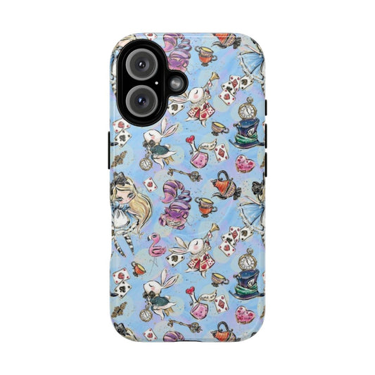 Artistic Alice in Wonderland-themed magnetic tough phone case with cat and rabbit motifs