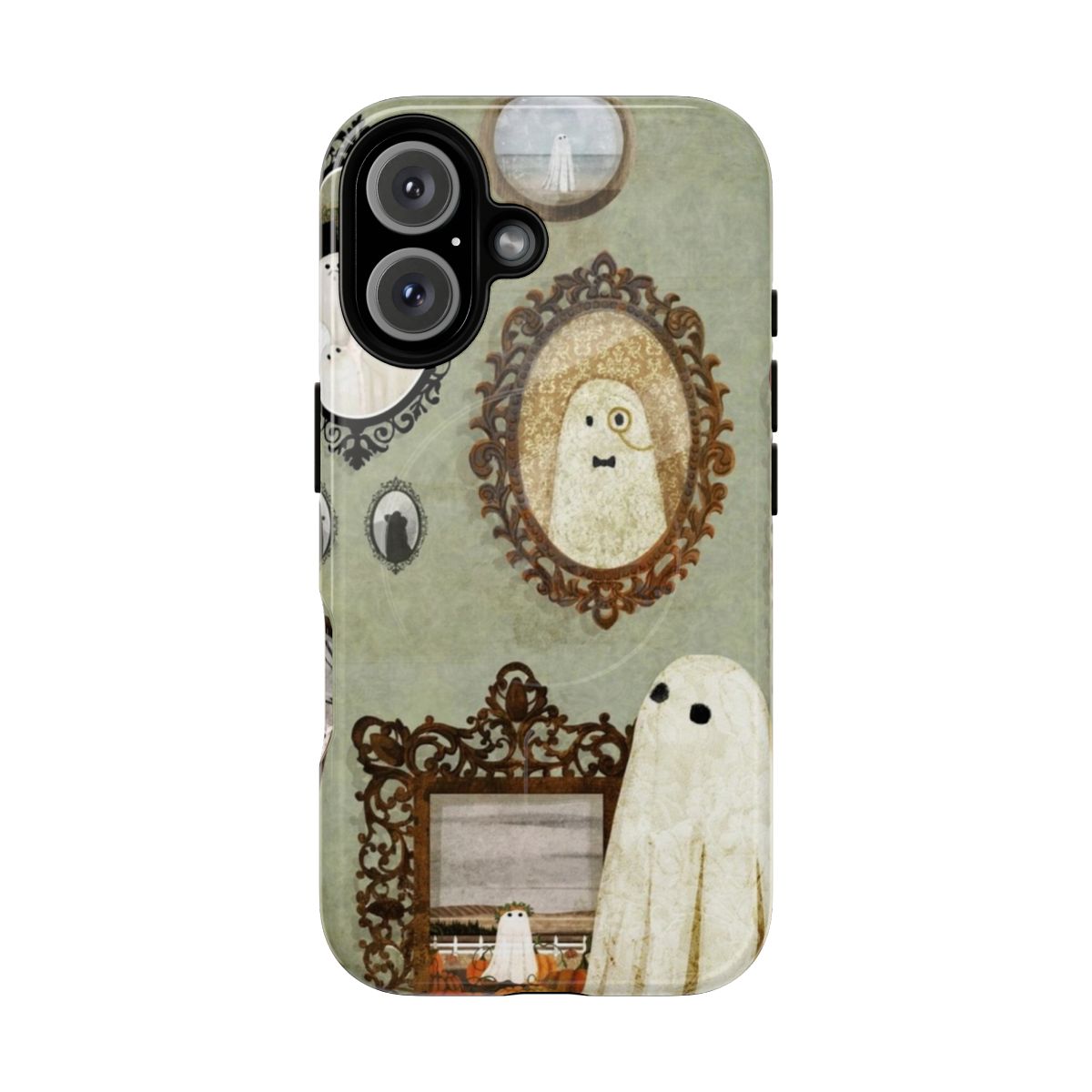 Spooky vintage-inspired phone case with a creepy haunted portrait design