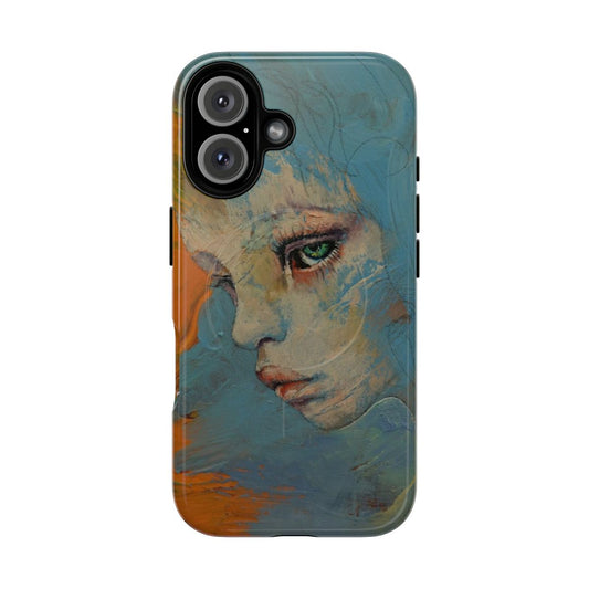 A contemporary art-inspired magnetic tough phone case with a melancholic child portrait in blue and orange tones.