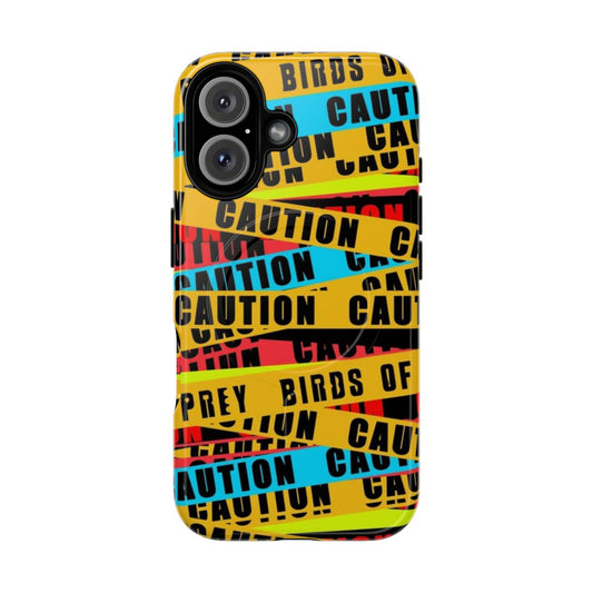 Vibrant caution tape-patterned phone case featuring Birds of Prey characters