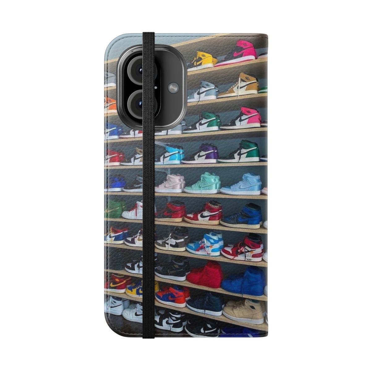 Flip cover phone case with a stylish design inspired by popular sneaker collections - Folded Front