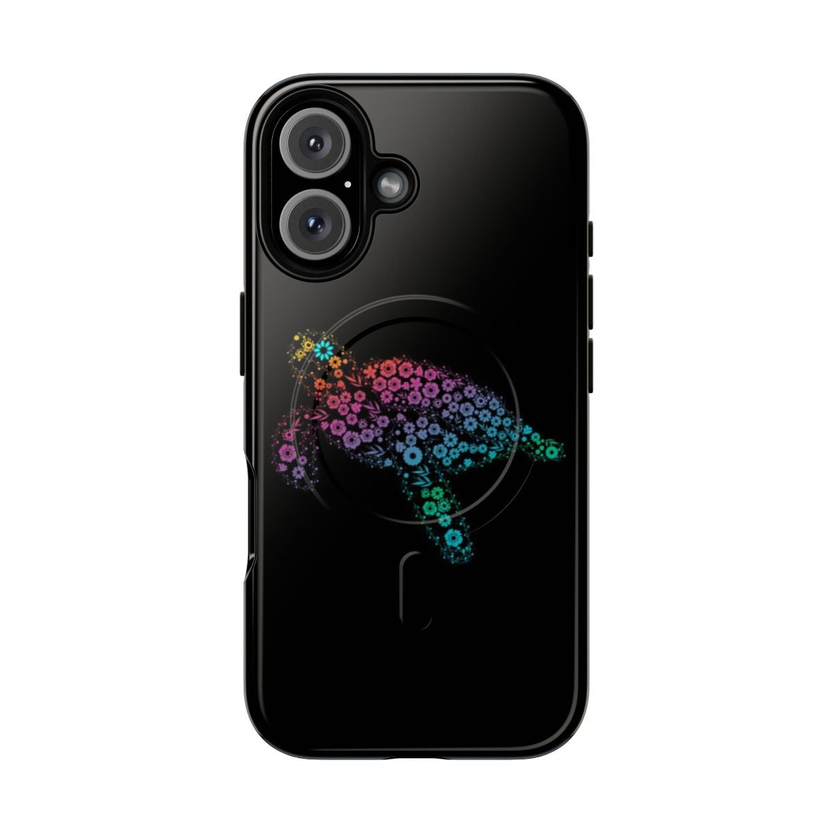 Colorful artistic sea turtle phone case with floral and underwater motifs