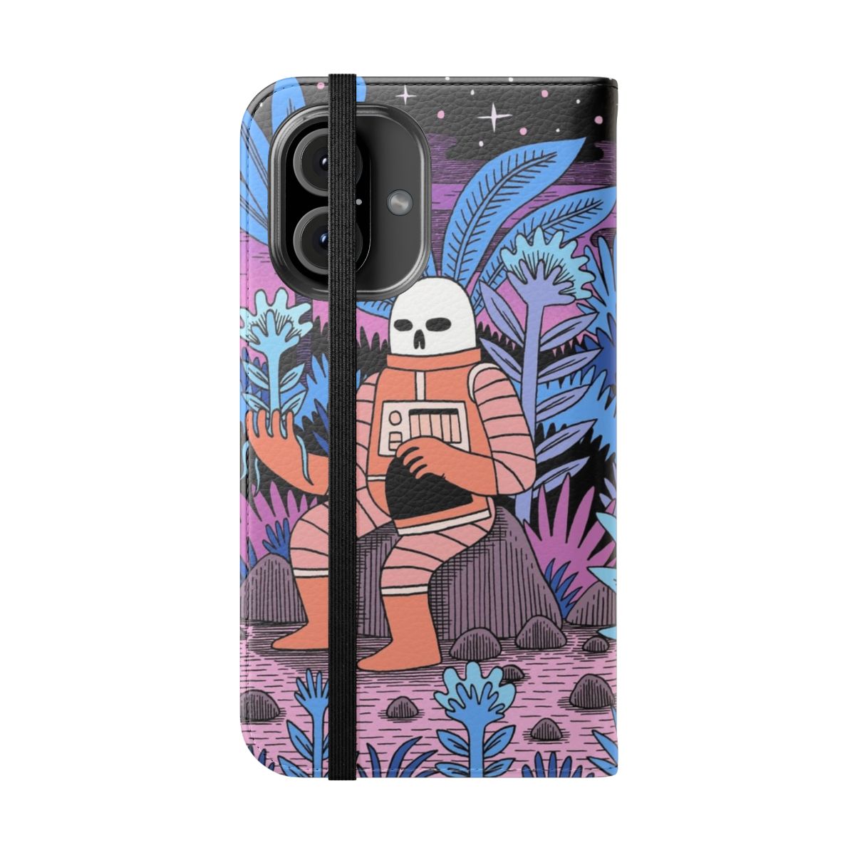 Cosmic space and skeleton texture phone flip cover case - Folded Front