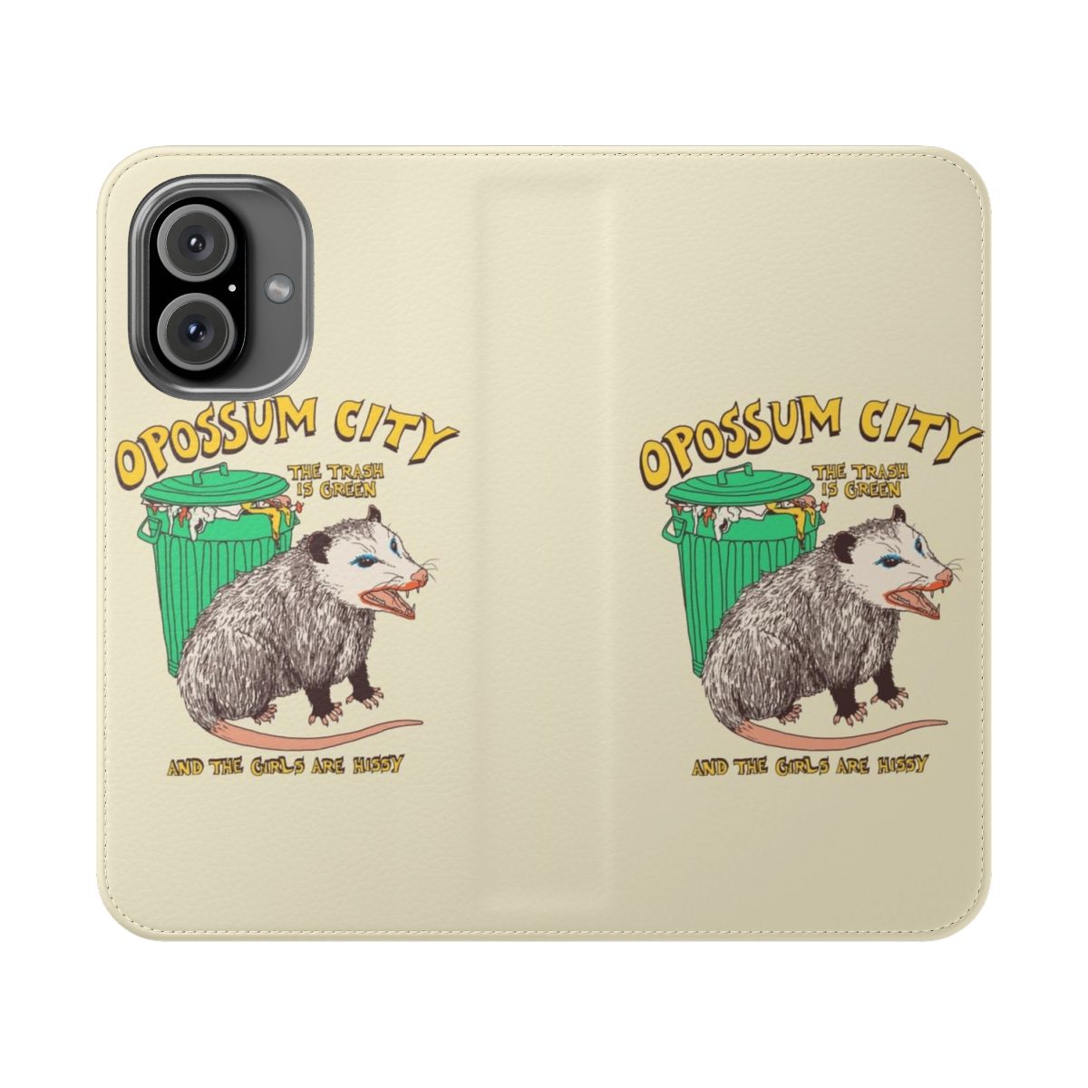 Vintage-style flip phone case featuring an opossum design