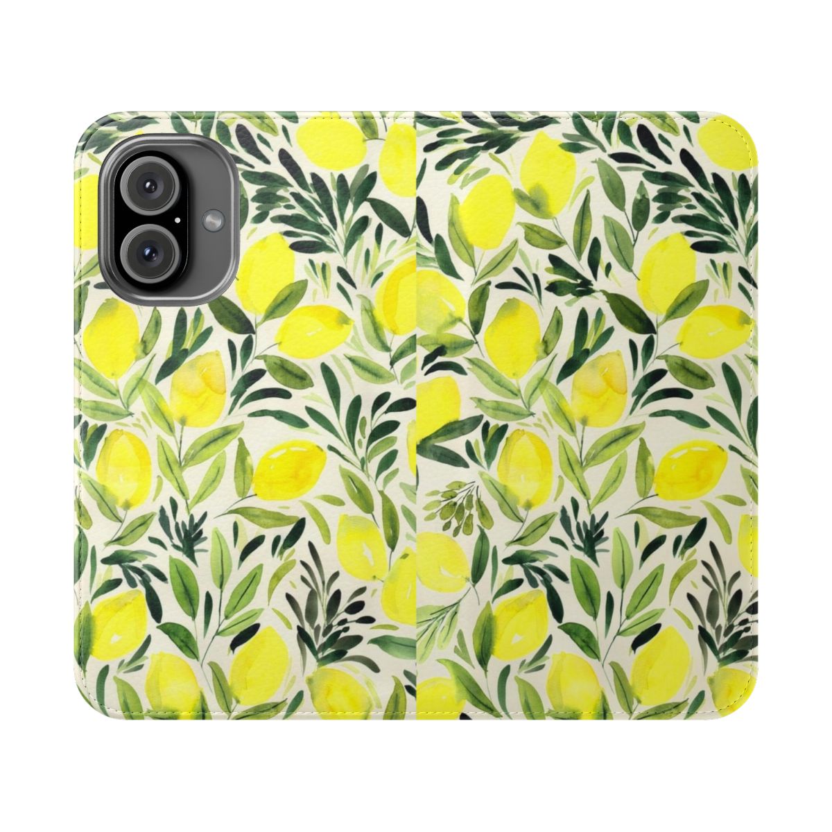 Lemon watercolor design on a cream white flip cover phone case