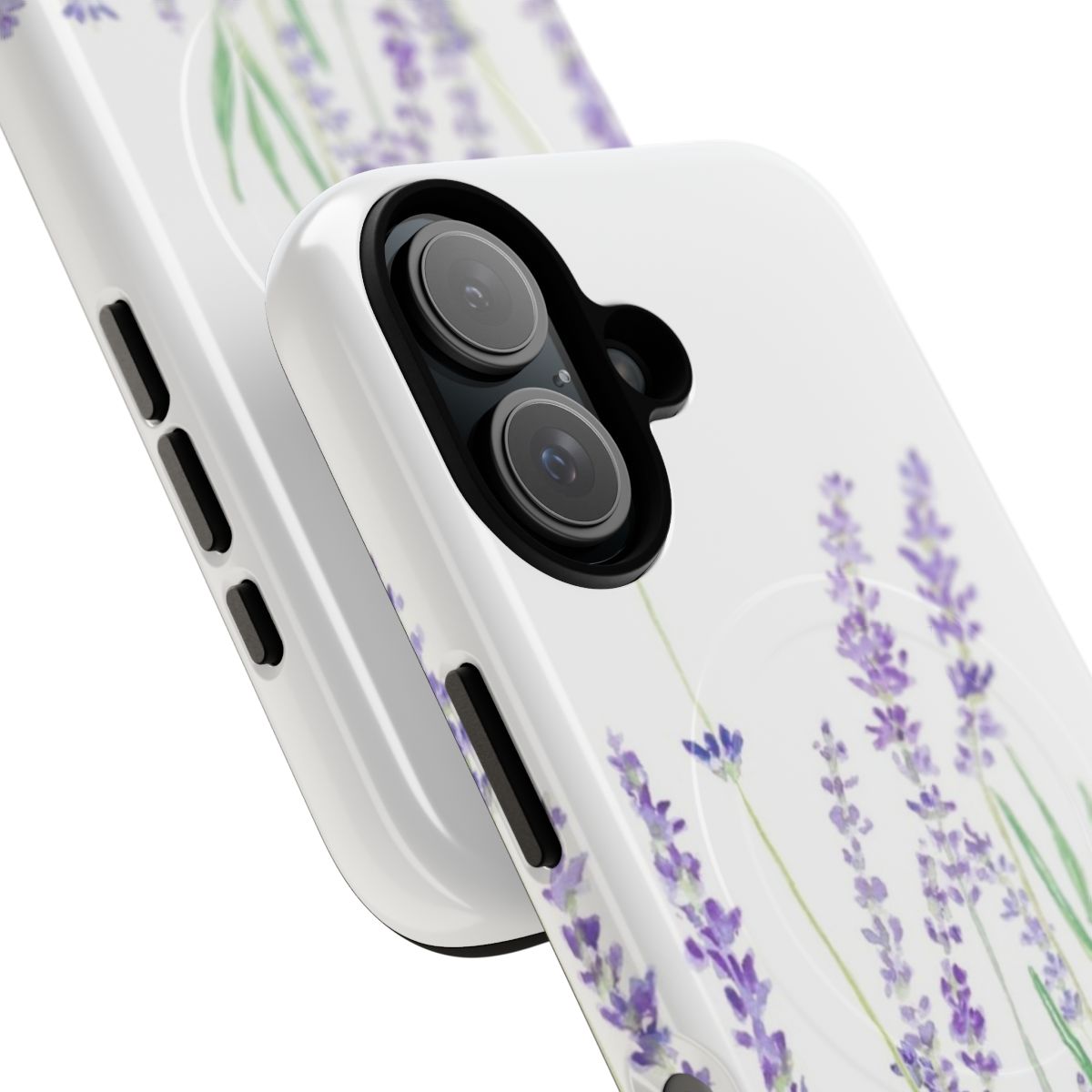 A hand-painted, watercolor-inspired lavender and purple phone case with a natural, floral design. - Detail