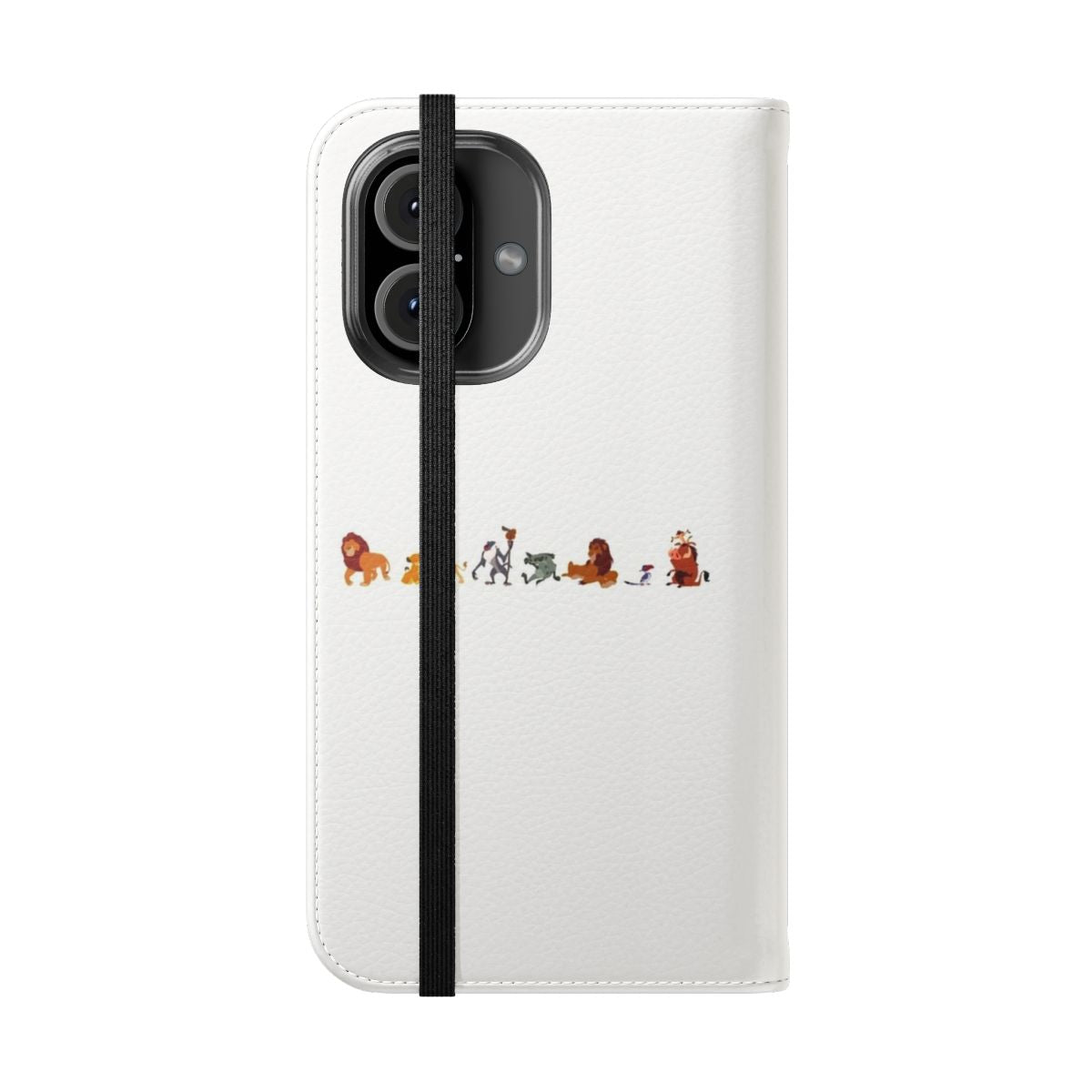 Flip cover phone case with illustration of Disney's The Lion King characters including Simba, Scar, Mufasa, Timon, Pumbaa, and Zazu. - Folded Front