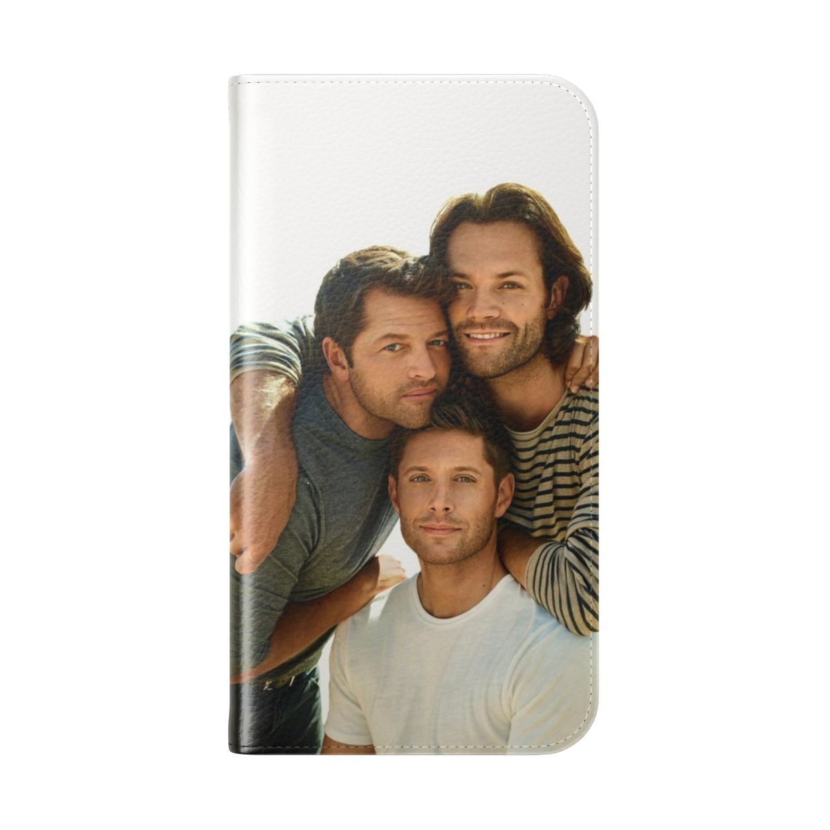 Supernatural-themed flip cover phone case featuring Jared Padalecki, Jensen Ackles, and Misha Collins - Folded Back