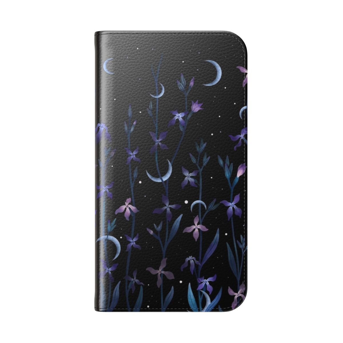 Elegant flip cover phone case featuring a botanical and moonlight design - Folded Back