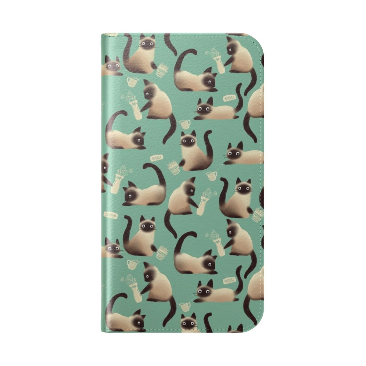 Whimsical phone case featuring a hand-drawn pattern of mischievous Siamese cats knocking things over. - Folded Back