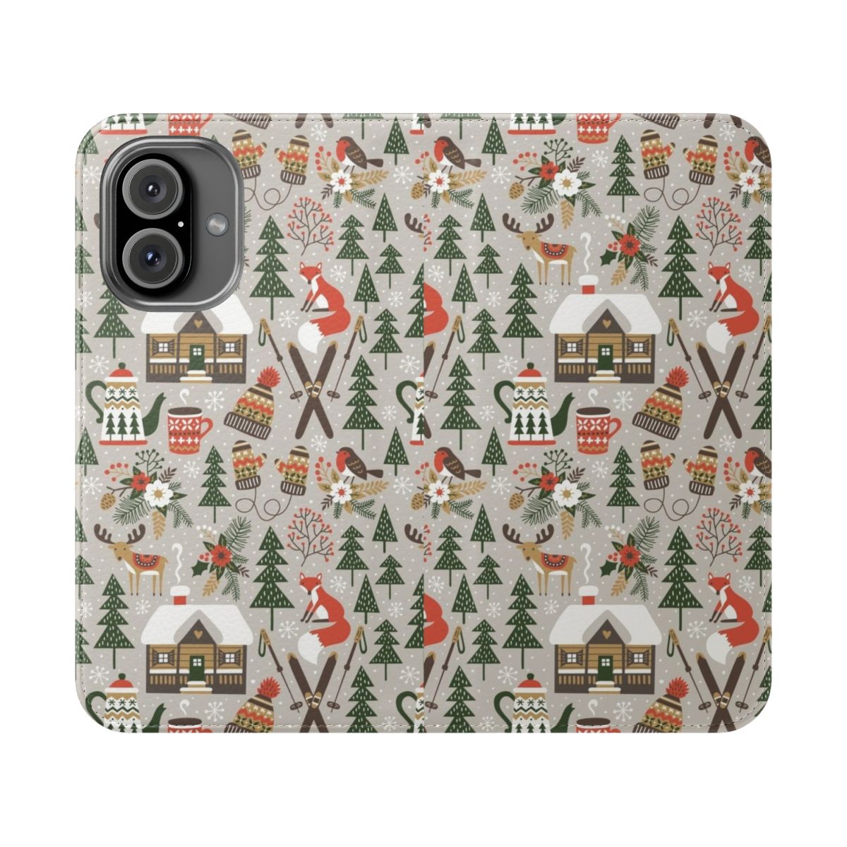 Cozy cabin-themed phone case with a light grey flip cover design featuring woodland animals, snow, and floral patterns.