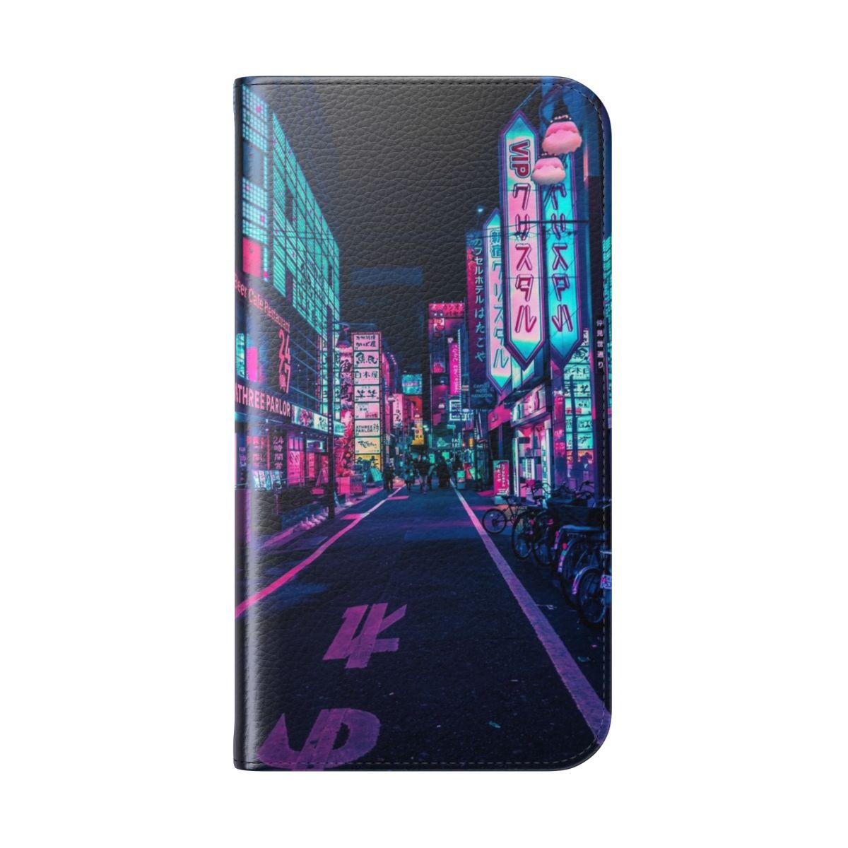 A vibrant flip cover phone case featuring a cyberpunk-inspired design with neon lights and street scenes from Tokyo, Japan. - Folded Back