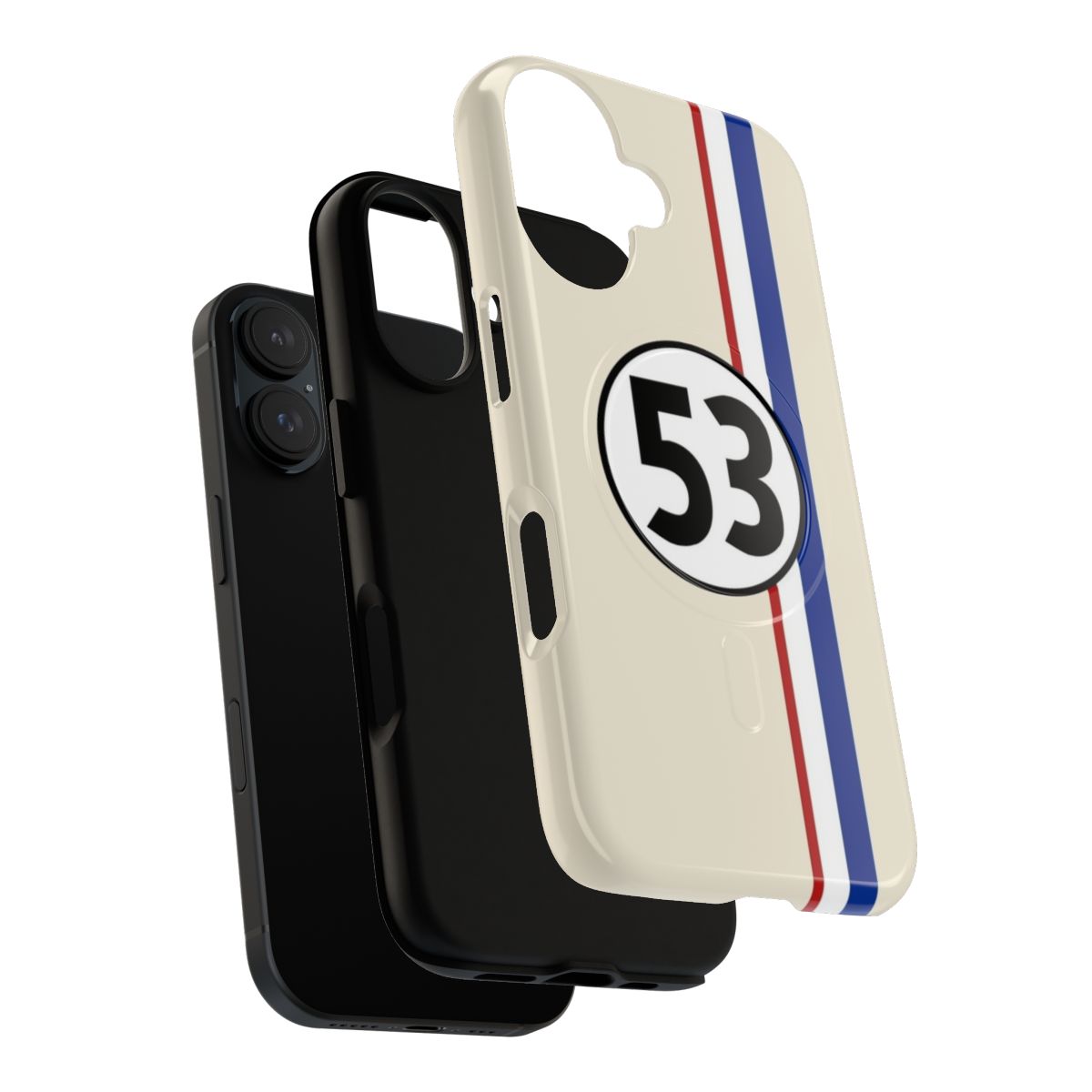 Magnetic tough phone case featuring a retro Volkswagen Beetle design with striped accents, inspired by the classic film car "Herbie". - Layers