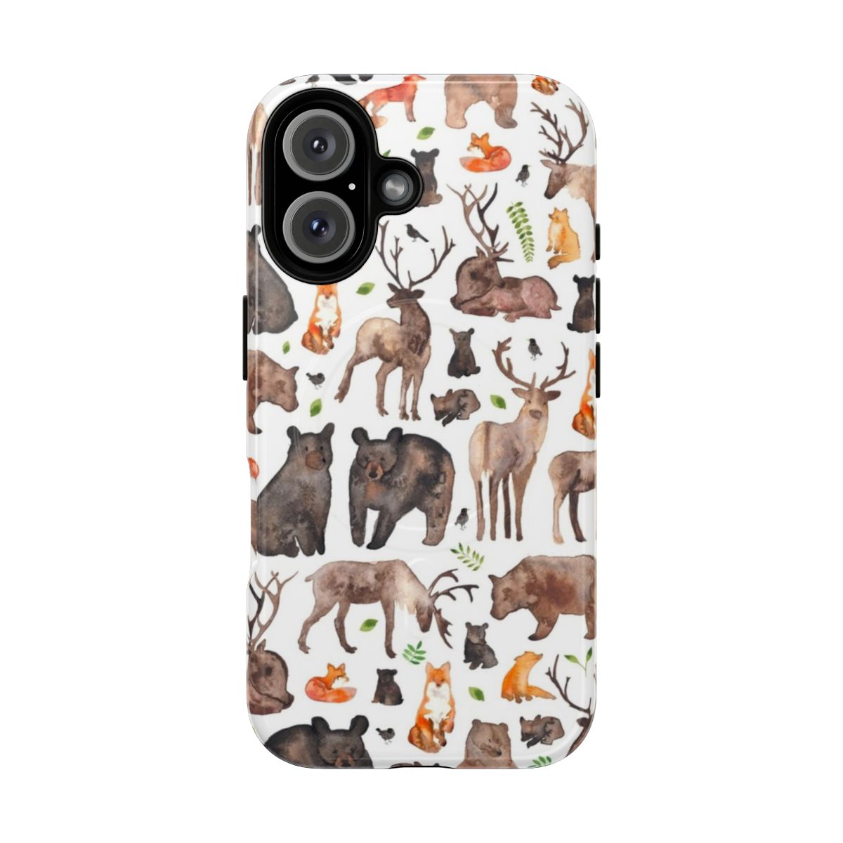 Woodland animals phone case with watercolor forest pattern