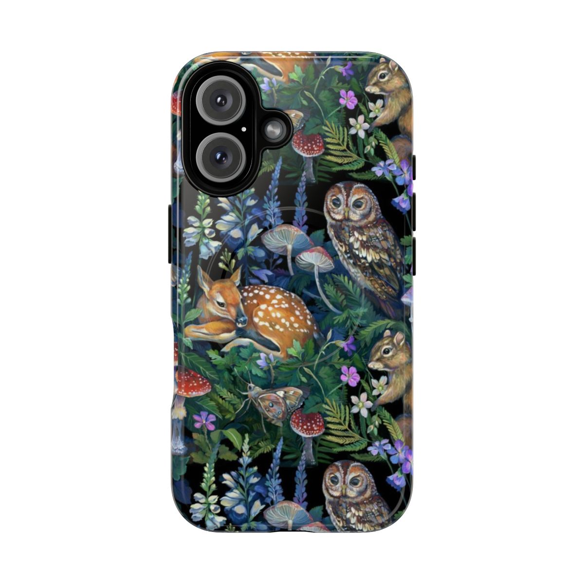 Enchanted forest themed phone case with nature, floral, and animal elements