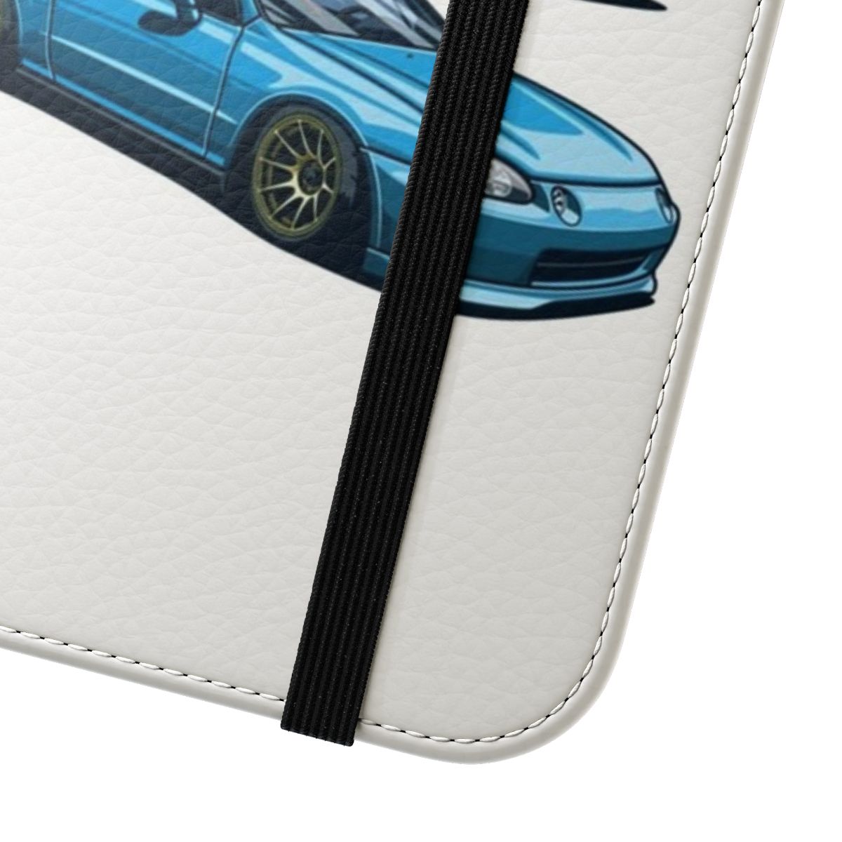 Flip phone case with retro design featuring Japanese legend cars like Civic, CRX, and Integra - Close Up