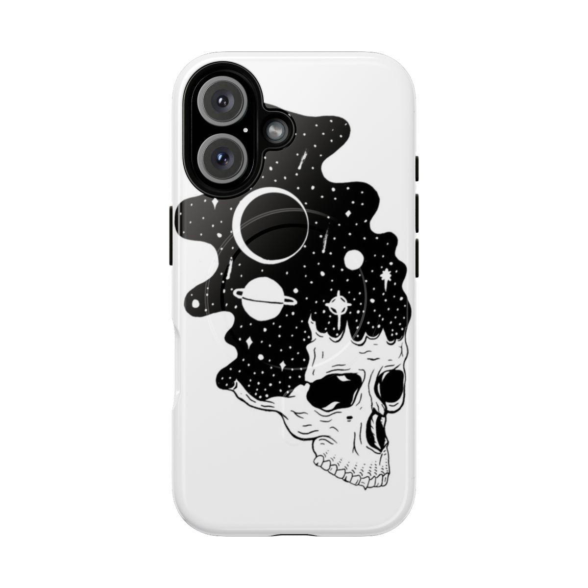 Space-inspired magnetic phone case with skull and skeleton design