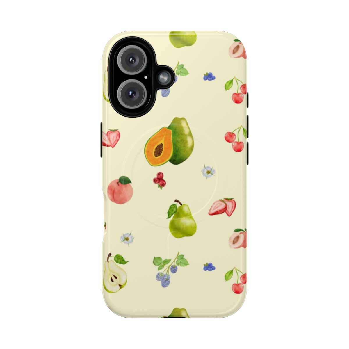 Colorful fruit-themed magnetic phone cases featuring a vintage, Scandinavian-inspired aesthetic