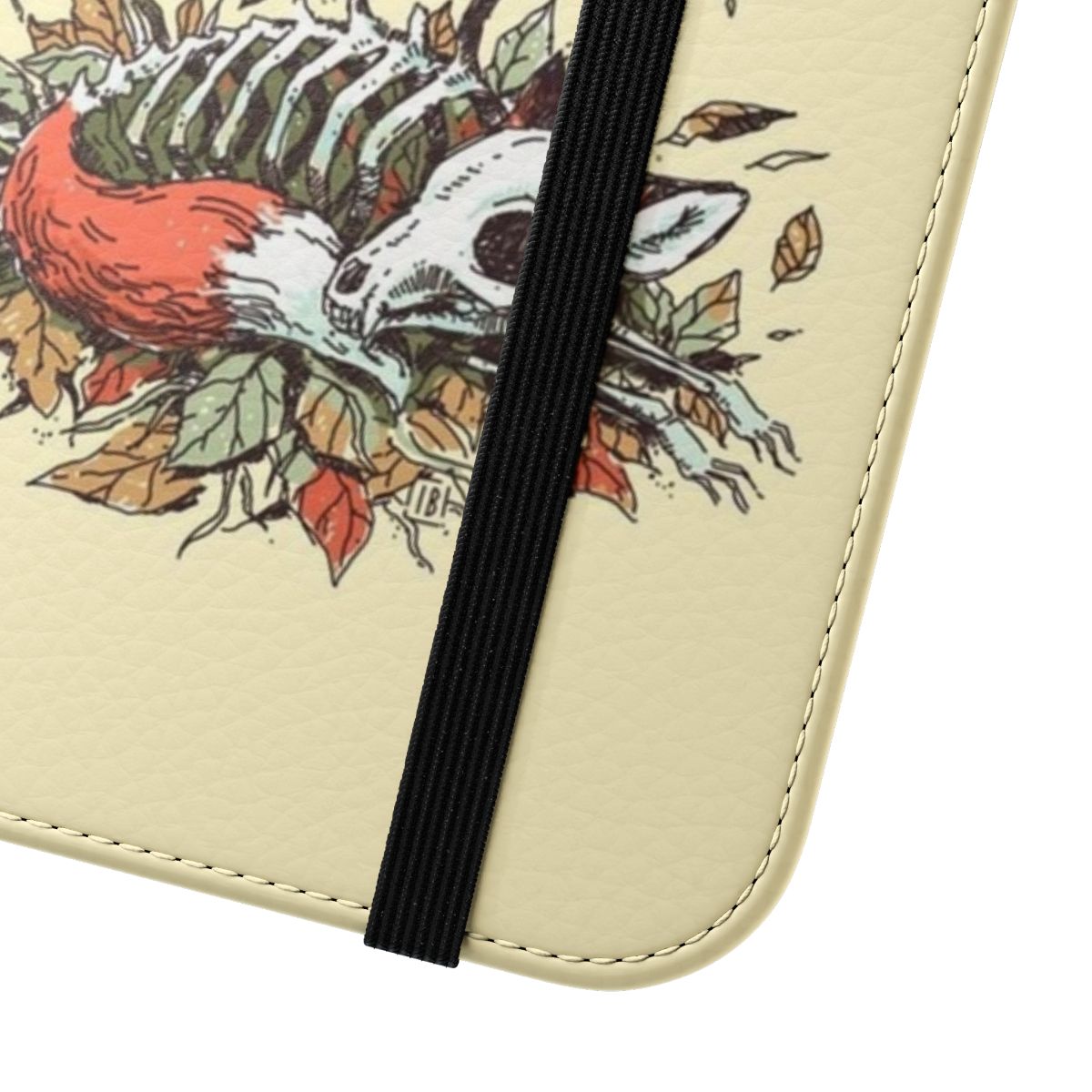 Artistic phone case featuring a dark and mystical fox design with raven, skeleton, and autumn leaves in a moody, fantasy-inspired style. - Close Up