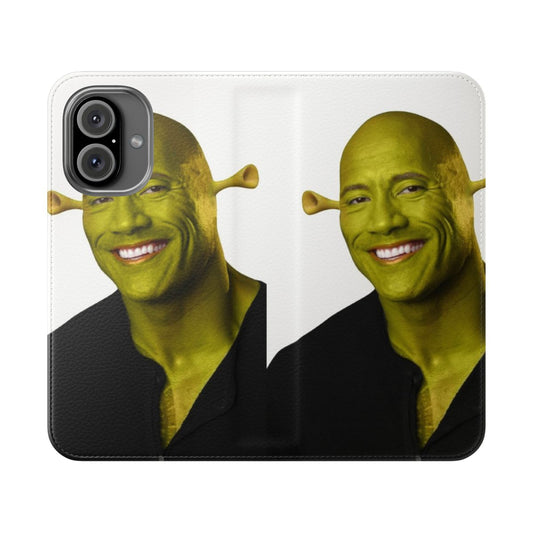 Shrek-themed flip cover phone case featuring Dwayne "The Rock" Johnson