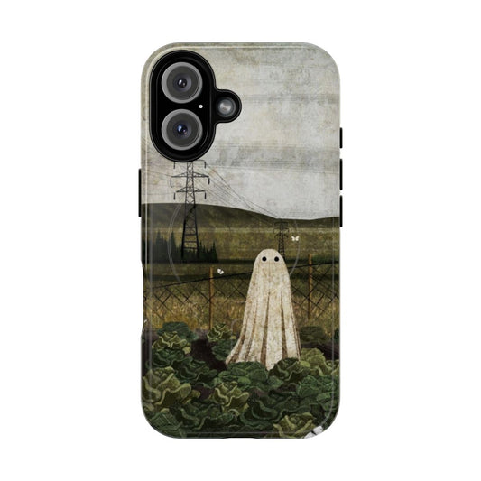 Haunted nature phone case with a ghostly silhouette and butterflies in a cabbage patch landscape