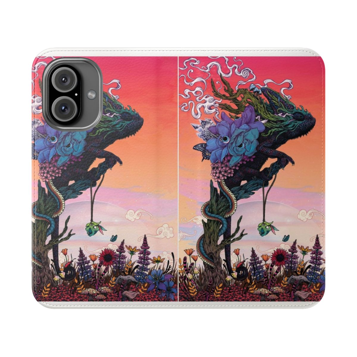 Psychedelic, surreal, and sci-fi inspired phone case featuring a chameleon, flowers, and detailed nature elements.