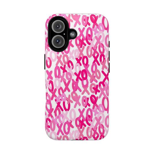 Preppy pink phone case with XOXO design and tough magnetic closure