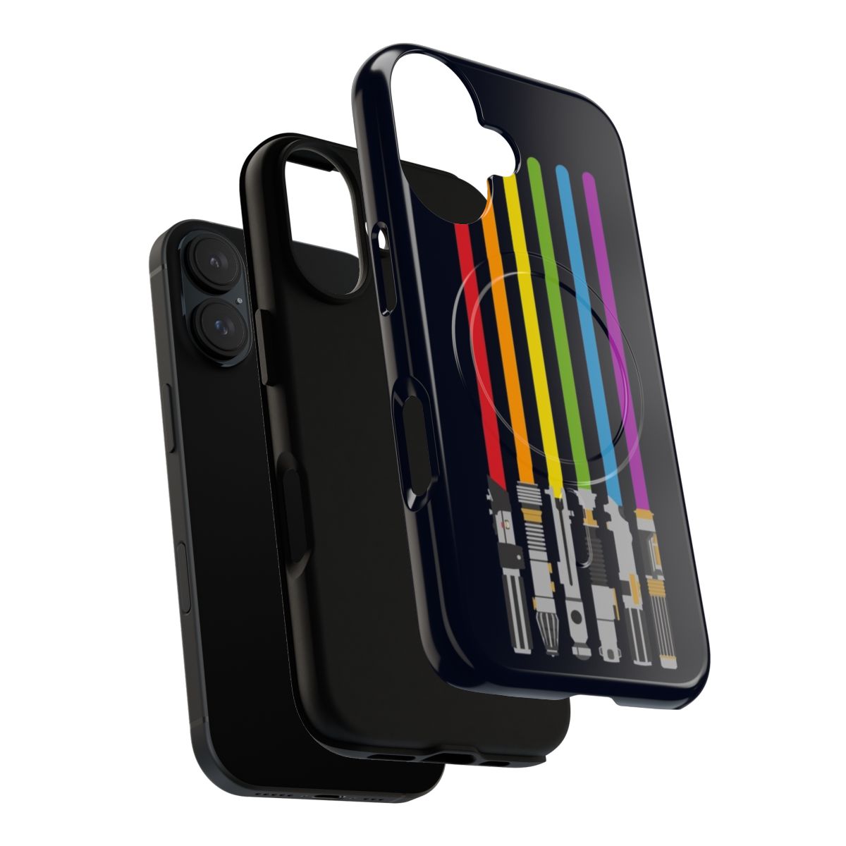 Vibrant rainbow-colored magnetic phone case with a sci-fi lightsaber design. - Layers