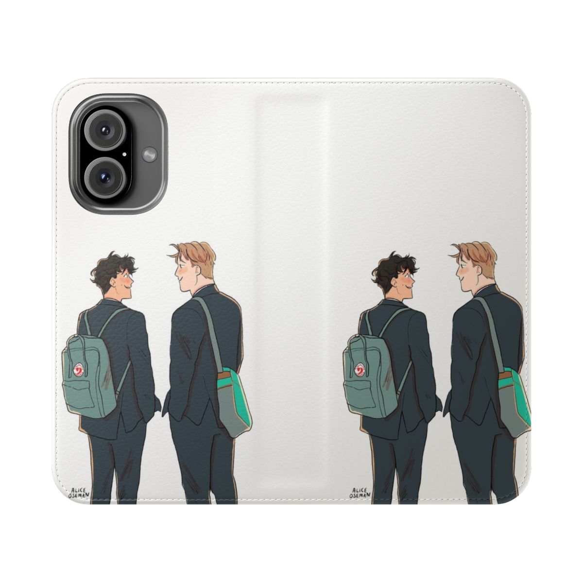 Heartstopper-inspired flip cover phone case with Nick and Charlie artwork