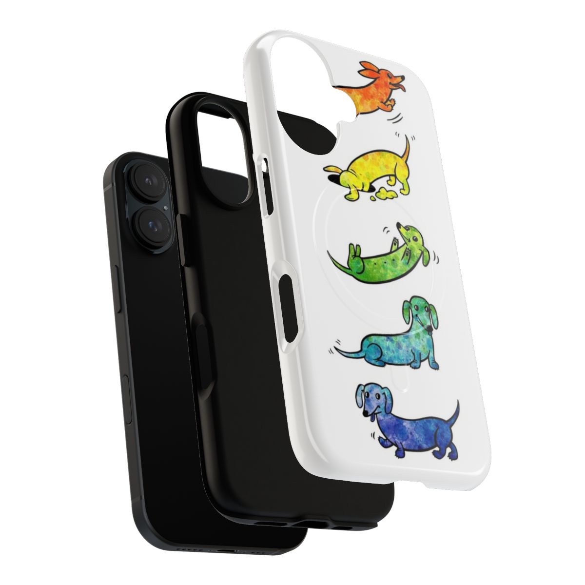 Vibrant watercolor illustration of playful dachshund dogs on a phone case - Layers