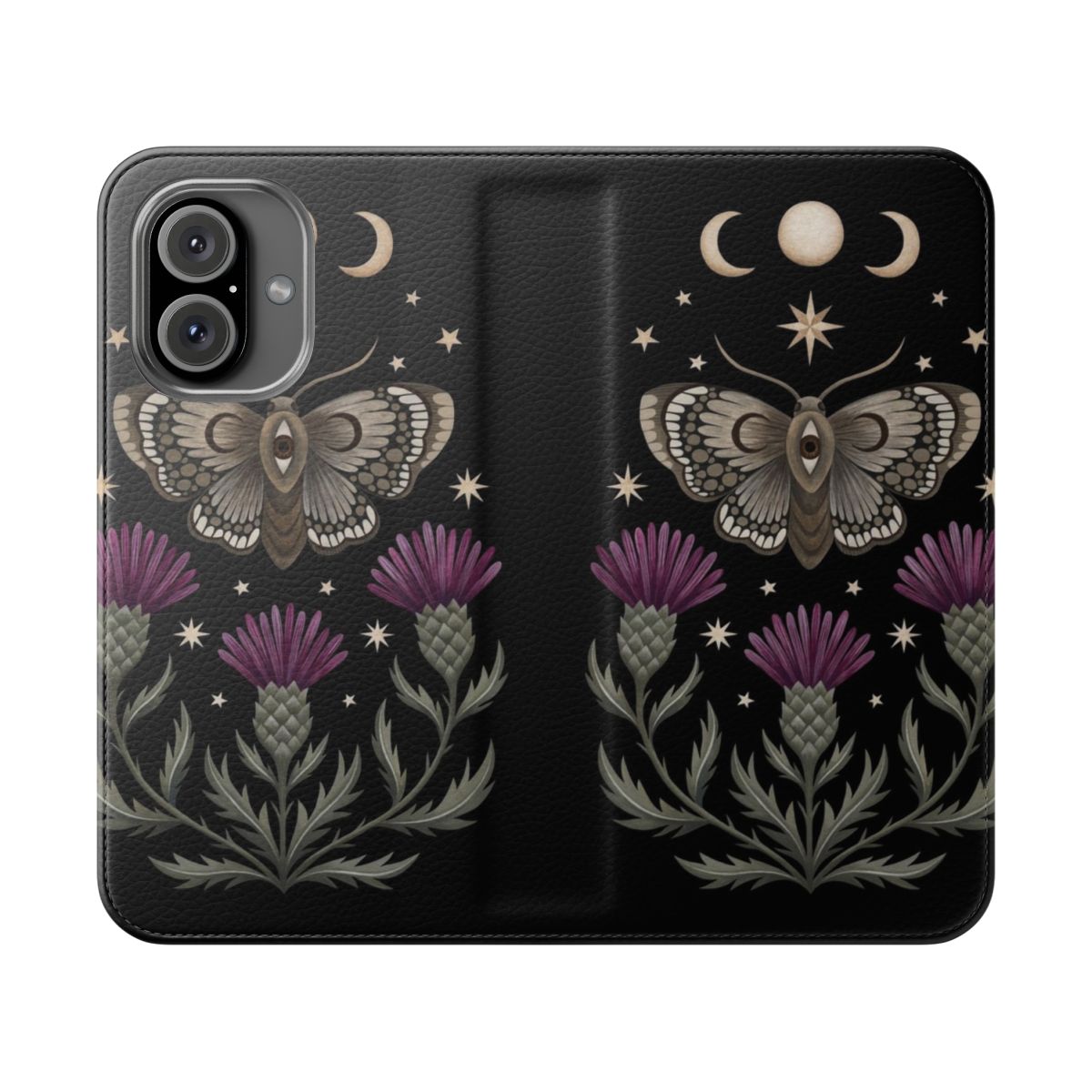 A phone case featuring a moth, crescent moon, and thistle flowers in a mystical, nature-inspired design.